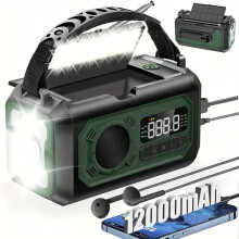 Rádio de Emergência com Manivela Solar, Banco de Energia de 12000mAh com Carregamento USB, Alerta Meteorológico LED, Estilo Vintage