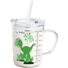 Babymilchbecher aus Glas, 400 ml, auslaufsicherer Doppeldeckel mit weichem Silikonstrohhalm, mikrowellengeeignet, leicht zu reinigen