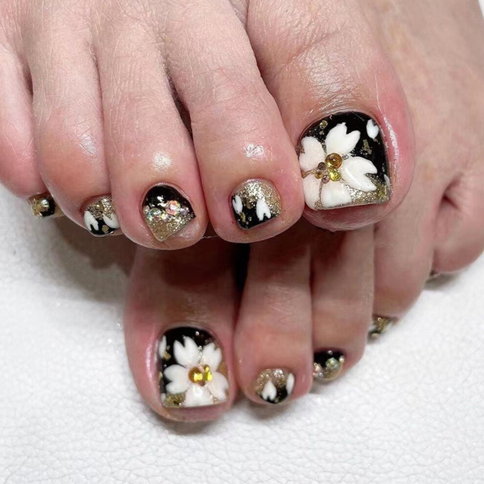 Roc-Electron (Jelly Glue Model) Trendy Gold Black Fake Toenails For Girls
