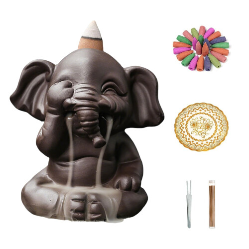 Backflow Incense Burner Elephant Ceramic Holder Handmade Aromatherapy Gift Set for Relaxation