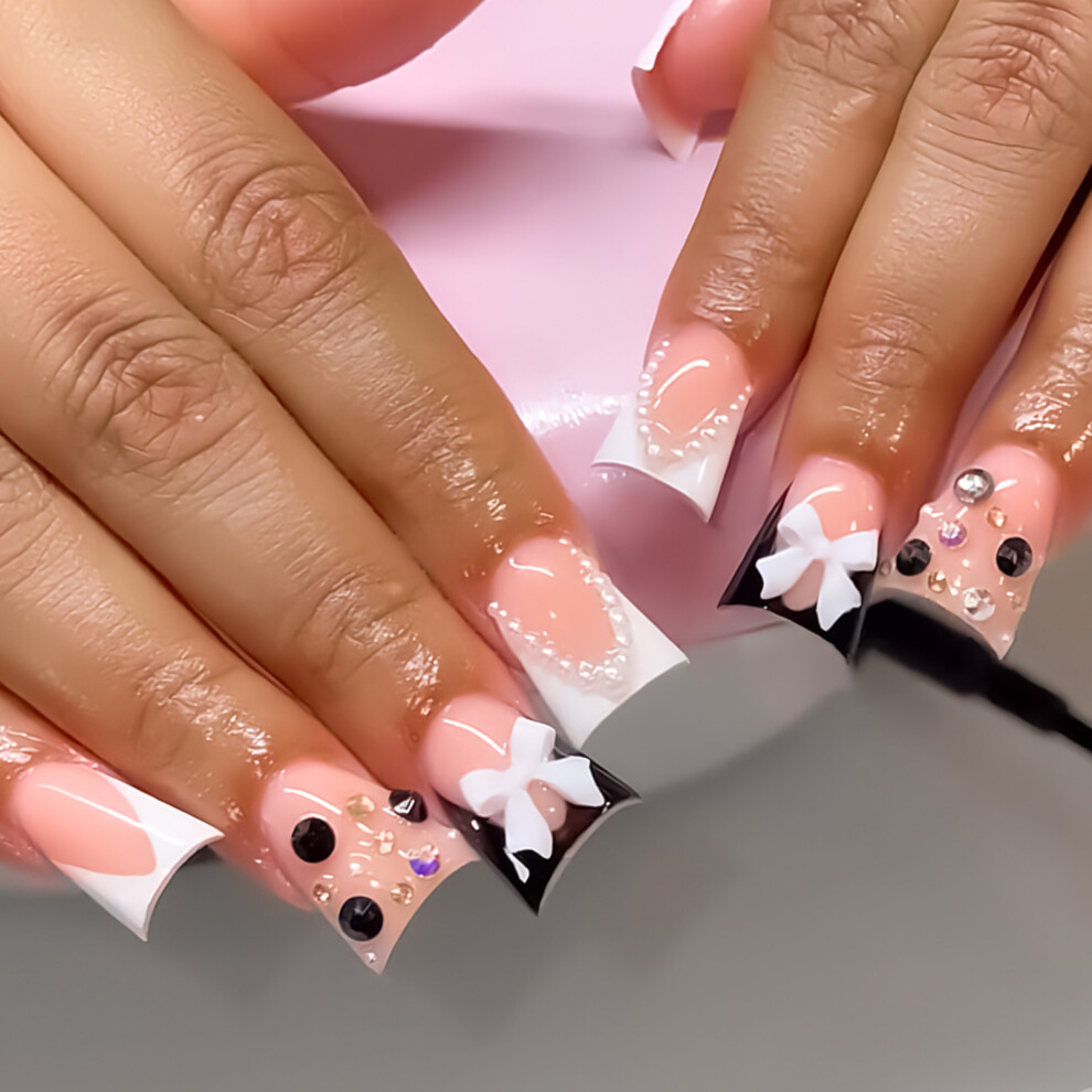 Bright-Home 24Pcs Sweet Nude Duck Fake Nails With White Tip Odorless Provides A Comfortable Experience For Shopping Traveling Dating