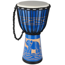 African Djembe Drum 10 Inch Mahogany Body Blue Goatskin Head Hand Carved with Ropelock Tuning