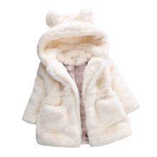 (Creamy White, 140cm) Girl\'s Faux Fur Hoodie Coat