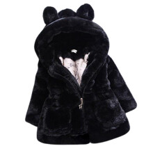 (Black, 120cm) Girl\'s Faux Fur Hoodie Coat