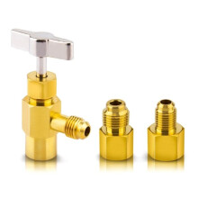 A/C verdeelstuk vulslangenset van messing, compatibel met R22, R134A en R505, inclusief flesopener voor auto-airconditioningonderhoud.