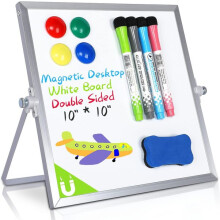 Double-Sided Whiteboard with Adjustable Stand, Portable 10 Inch Magnetic Dry Erase Board for Desk, Includes Markers Magnets