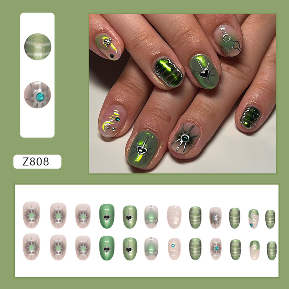 Reach-Tools Green (Jelly Glue Model) Star Print Fake Nails - Easy Apply & Peel Off