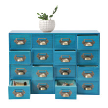 Blue Wooden Apothecary Cabinet with 16 Drawers, Retro Desktop Storage Organizer for Home Office