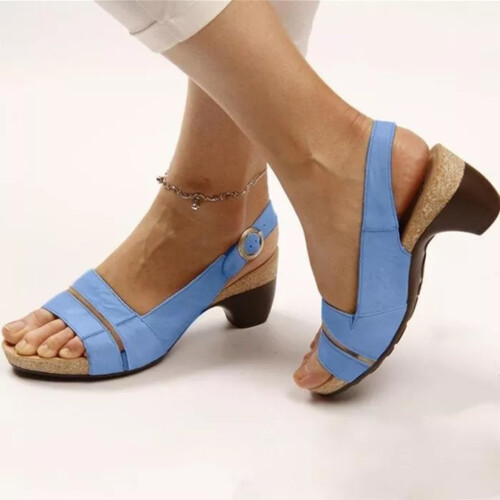 (Blue, 35) Peep-Toe Heeled Sandals for Summer Beach