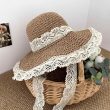 (Coffee) French Style Lace Edge Straw Hat for Women