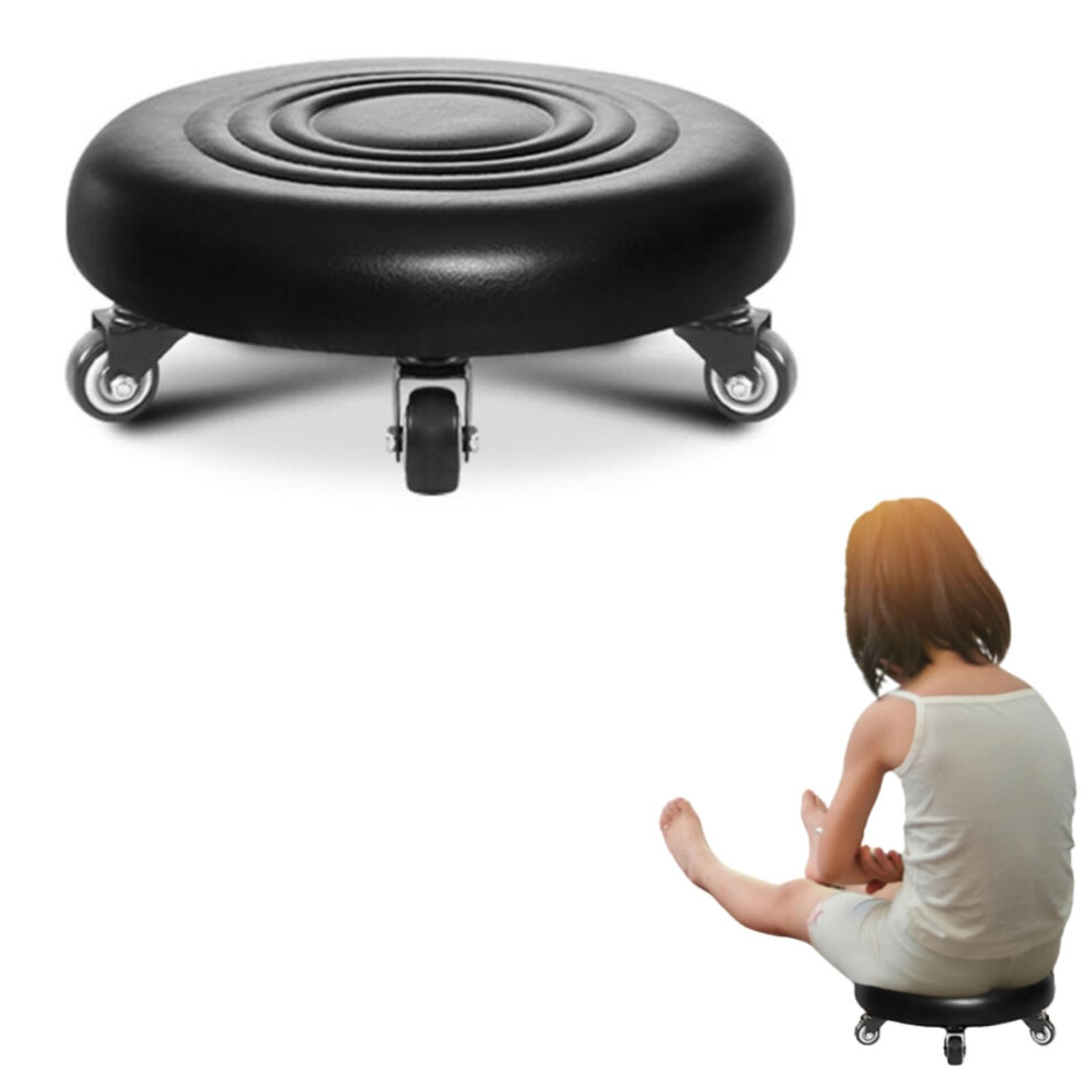 Rolling Stool, Low Profile Mechanic Stool With Wheels, 360 Swivel, Pu Leather For Garage, Black 9169991378312