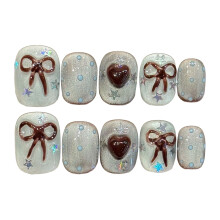 (XS) 10Pcs Blue Brown Bowknot Press On Nails, Eco-Friendly Resin