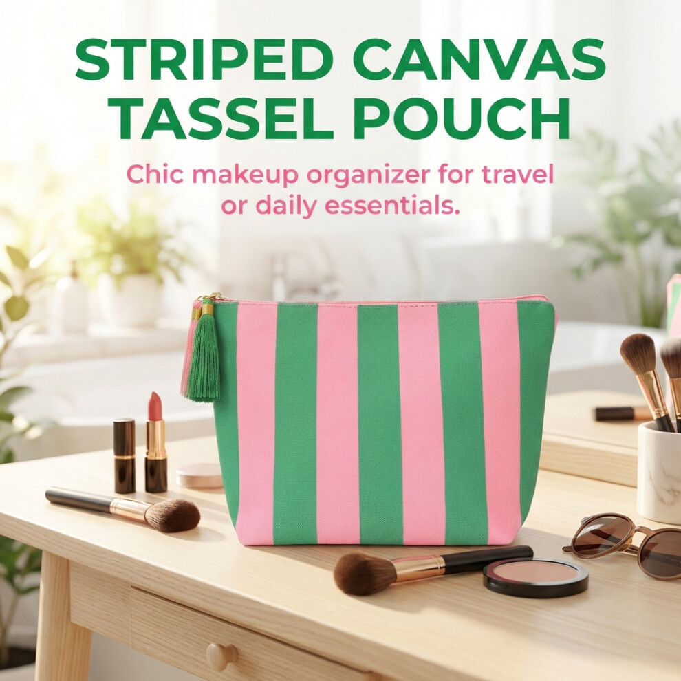 Phui-Pet-Supplies (Green And Pink) Striped Corduroy Cosmetic Bag, Large Capacity