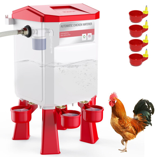 Automatic Chicken Waterer with Cups, 2 Gallon Poultry Waterer, Float Controlled System, 13ft Hose