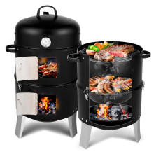 Vertical Charcoal Smoker Grill 3‑in‑1 Outdoor BBQ with Built‑in Thermometer Chrome‑Plated Grids Black