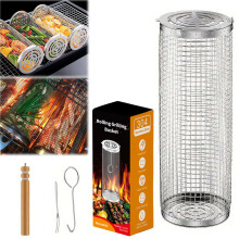 Stainless Steel Rotating Grill Basket with 360 Rolling Design for Even Cooking Vegetables and Meat