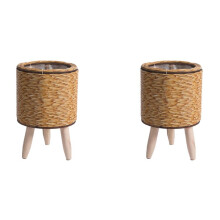 2X Vintage Imitation Rattan Woven Flower Shelf Planters Handmade Basket with Wooden Legs Plant Pot Stand Holder,E