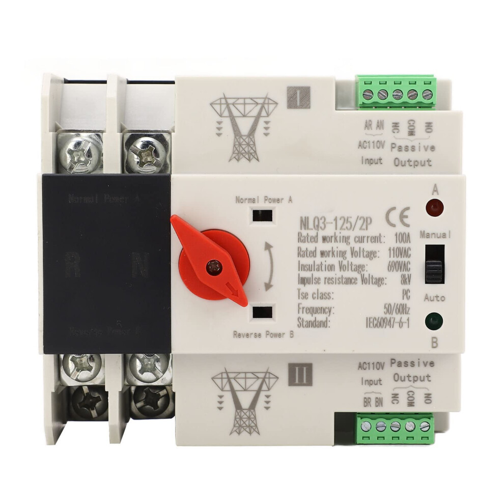 Dual Power Automatic Transfer Switch 100A 110V, Selfreturning, 35Mm Din Rail, Pz30, Silver 9169991391458