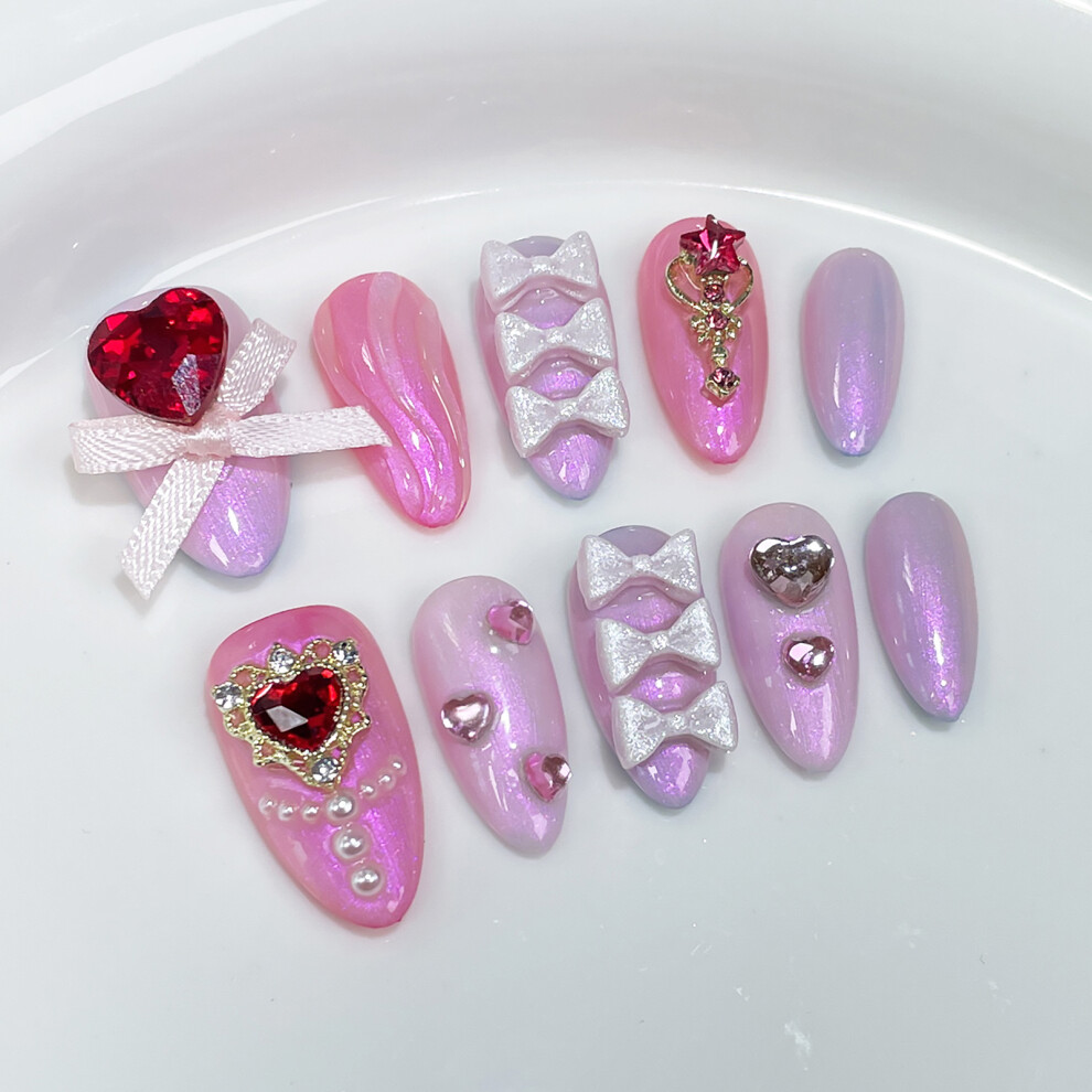 Creation-3C Pink (Xs) Glitter Almond Fake Nails - Durable & Comfortable