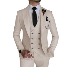 (Beige, 3XL) Herrenanzug, 3-teiliger Slim-Fit-Anzug für Herren, zweireihiges Sakko, Weste und Hose, Business-, Hochzeits- und Abschlussballanzug