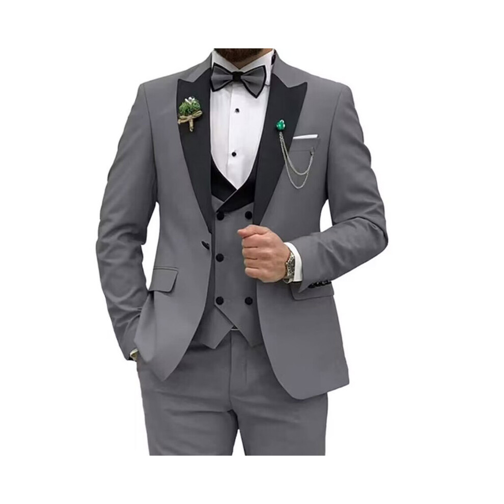(gray, M) Slim Fit Suits for Men 3 Piece Double Breasted Suit Men Wedding Prom Party Business Blazer Vest and Pants