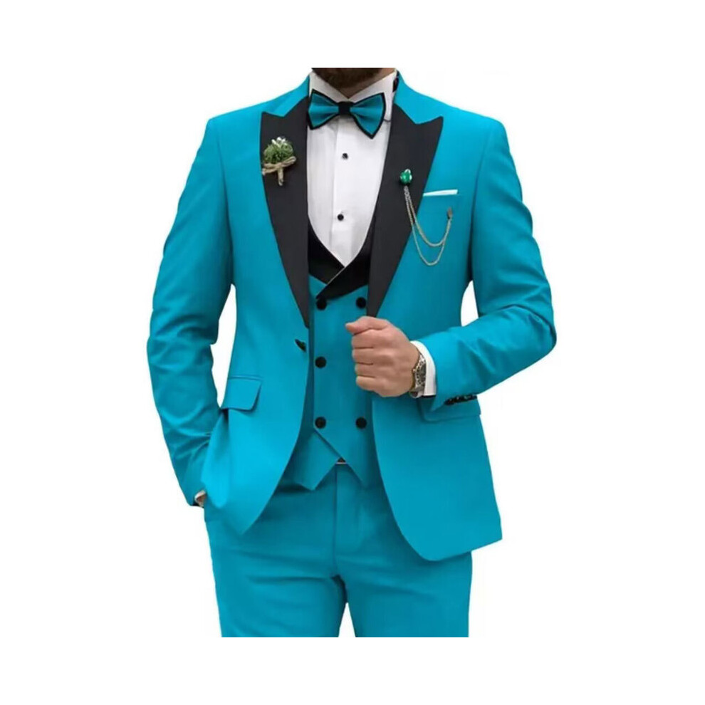 (lake blue, L) Slim Fit Suits for Men 3 Piece Double Breasted Suit Men Wedding Prom Party Business Blazer Vest and Pants