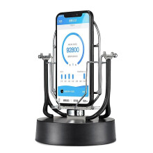 Support de téléphone portable à double bras oscillant avec secoueur automatique et système de fixation par pas.