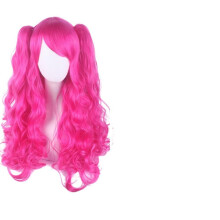 Perruque Lolita longue et bouclée avec pinces à cheveux, double queue de cheval et pinces tigre (rose vif), WZ-1336R