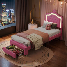 (Pink) Pink Bed 90x190 LED Upholstered Kids Bed with Storage Drawer