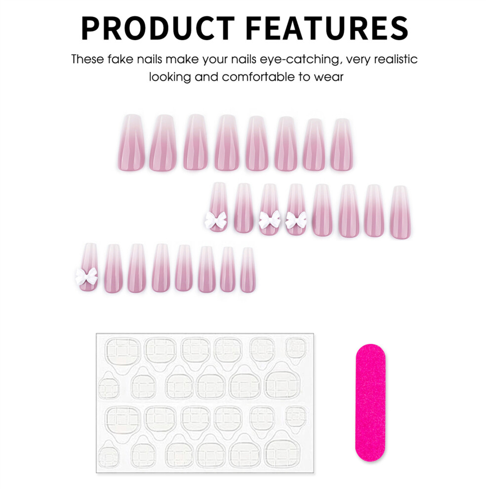 Creation-3C White 24Pcs French Ombre Fake Nails With Bowknots