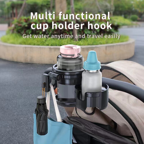 (Black) Stroller Cup Holder with Hook for Bicycle & Pram