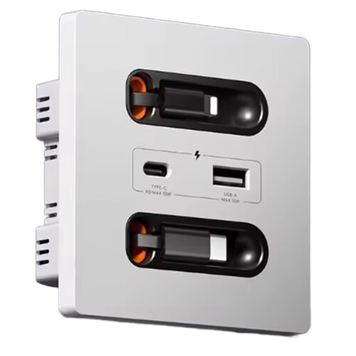 2X 12w Universal Wall Panel Socket with Usb-A Usb-C Retractable Charging Cable , Phone Tablet Charging Type C Outlet 1