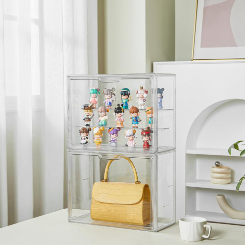 3X Clear Acrylic Display Case 3 Tier Display Shelf, Stackable Protection Showcase with Magnetic Door for Action Figures 2
