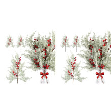 12Pcs Christmas Red Berries Stems Pine Branches with Snow 19Inch Frosted Faux Cedar Sprays Artificial Pine Tree