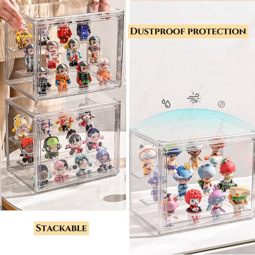 3X Clear Acrylic Display Case 3 Tier Display Shelf, Stackable Protection Showcase with Magnetic Door for Action Figures