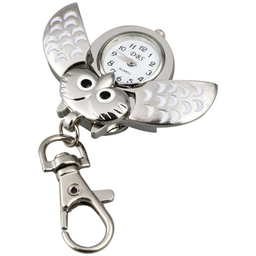 2X Owl Pocket Watch with Key Chain 40 X 25 mm Silver 2