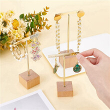 6Pcs Gold Metal T Bar Earring Display Stand with Wooden Square Base 4 Holes Jewelry Holders Hanging Earring Organizer