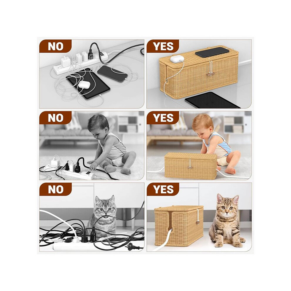 2X Cable Management Box, Power Strip Organizer With Locked Cover,Handmade Rattan Cable Organizer Cords Hider 4713675746505