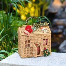 2X Rattan House Shaped Basket with Lid, Decorative Hand Woven Shelf Organizer with Folding Handle, Harvest Wicker Basket
