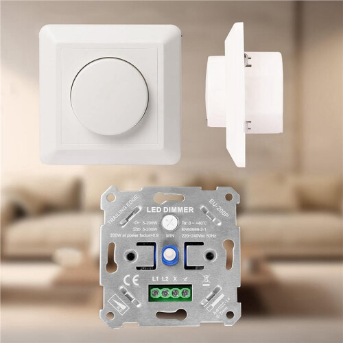2X LED Dimmer  230V for Dimmable LEDs/Halogen 5-200W with White Cover Plate 2