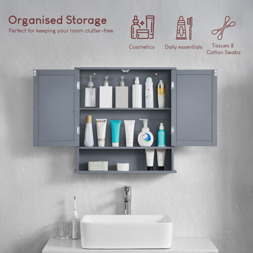 Priano 2 Door Bathroom Wall Cabinet Mirrored Shelf - Grey 1