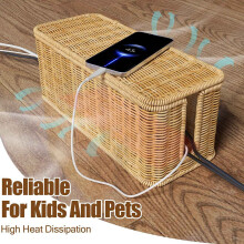 2X Cable Management Box,Handwoven Imitation Rattan Cord Hider Organizer Box with Lid,2 Open Slots Cable Organizer Box