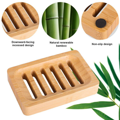 6X Bamboo Soap Dish Drain Soap Rack Bamboo Soap Holder 2