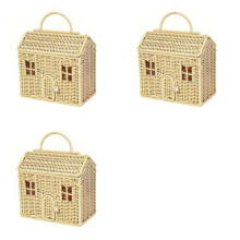 3X Rattan House Shaped Basket with Lid, Decorative Hand Woven Shelf Organizer with Folding Handle, Harvest Wicker Basket