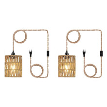 2X Boho Plug in Pendant Light, Hanging Light with Plug in Cord, Ceiling Lamp Rattan Cylinder Lamp Shade  EU Plug