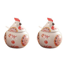 2X Ceramic Salt Cellar with Lid and Spoon, 13 OZ Large Chicken Salt Jar, Salt Holder for Counter, Coffee and Candies Red