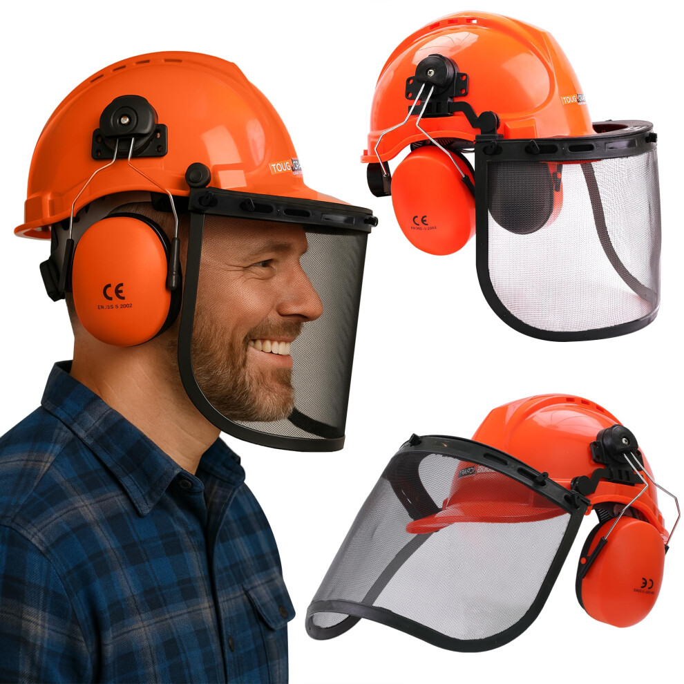 Forestry Safety Helmet With Mesh Face Shield And Noise Reduction Ear Muffs, Adjustable Arborist Chainsaw Helmet Orange 9174973312857