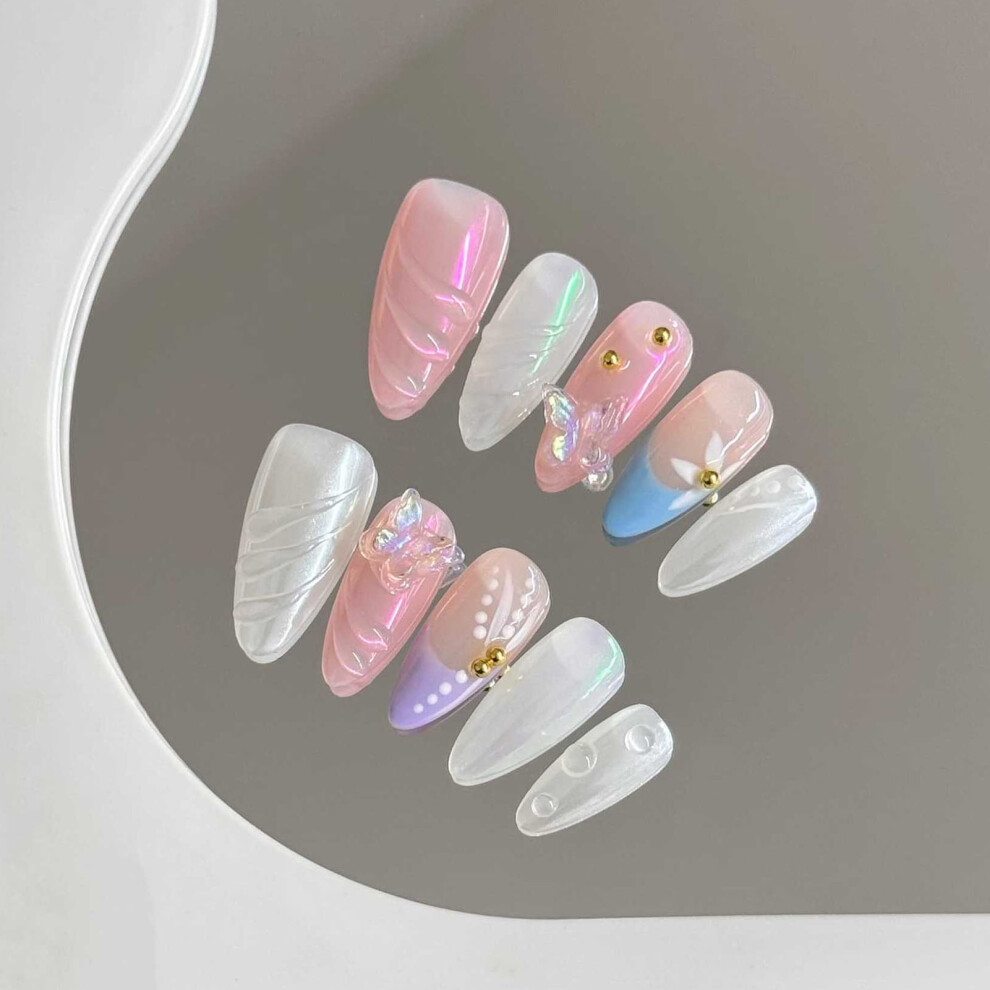 Phui-Pet-Supplies (Iridescent Butterfly Almond, Xs) 3D Butterfly Press On Nails - 10Pcs, Pink & White