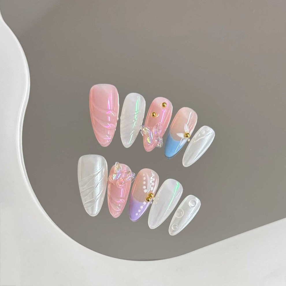 Roc-Electron (Iridescent Butterfly Almond, M) 3D Butterfly Press On Nails - 10Pcs Pink & White