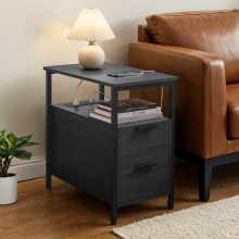 Slim Side Table with Charging Station, Narrow End Table with 2 Drawers, Bedside Table with Storage, for Living Room, Bedroom, Black